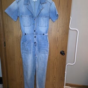 Light Wash Denim Short-Sleeve Utility Jumpsuit